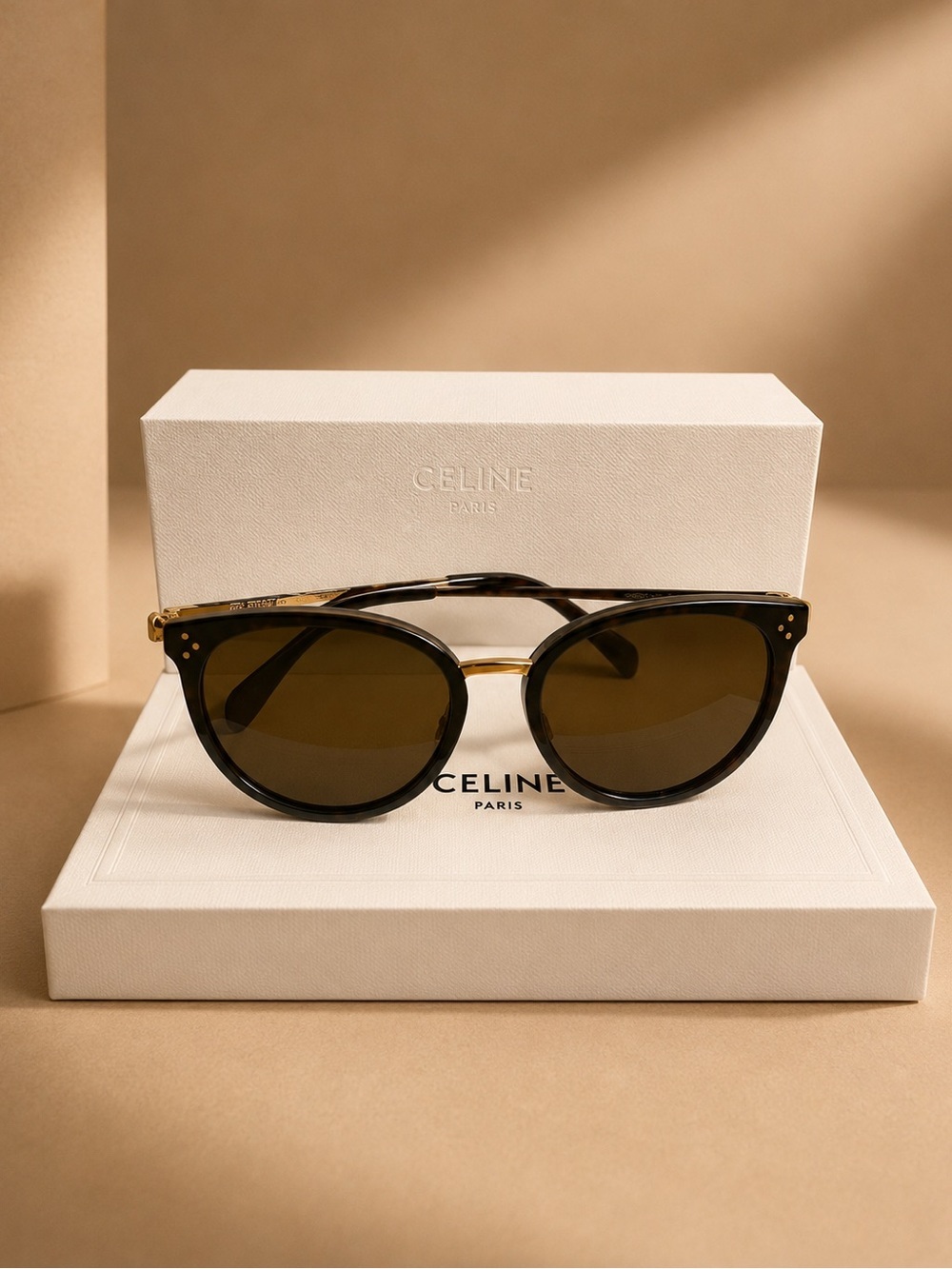 Celine CL40037U Black Gold Round Designer Sunglasses with Box